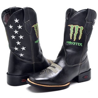 Bota Country Texana Masculina Em Couro e Bordada Bico Quadrado