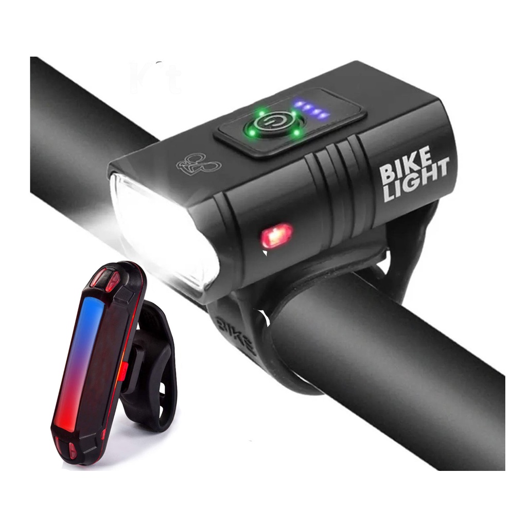 Lanterna Farol Bike 2 Led Bicicleta Usb Recarregável Led Luzes Com Visor + Sinalizador Traseira Led Usb Pisca Azul e Vermelho