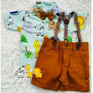 Roupa SAFARI BABY festa menino infantil conjunto Camisa Gravata Bermuda e Suspensório
