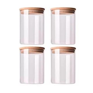 Kit Conjunto 4 Potes De Vidro hermético 450ml Tampa de Bambu Condiments