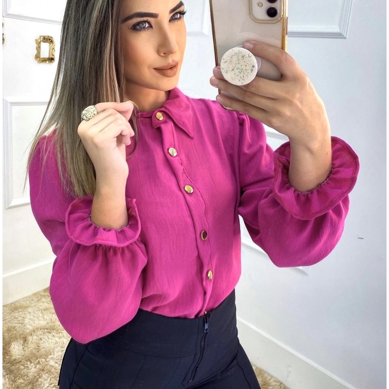 Blusa Camisa Feminina Social Com Botão Manga Estica Tendência Moda！！