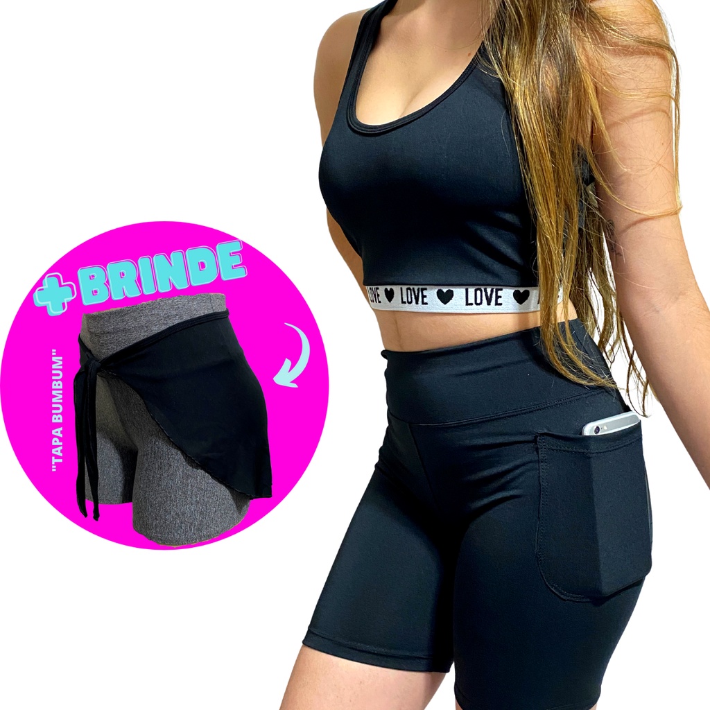 Conjunto Academia Top E Shorts Com Bolso Feminino Para Ginastica Corrida  Musculação Preto Roupa Fitness Super Promoção + Brinde Tapa Bumbum