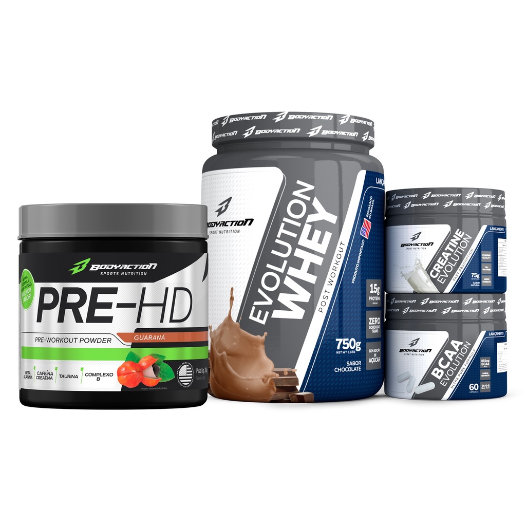 Kit Evolution Whey Creatina Bcaa + Pre Treino Hd Bodyaction