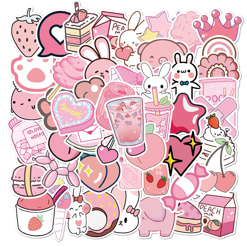 Adesivos fofos rosa de desenho animado para menina, conjunto de 50,  impermeável e resistente a Uv, perfeito para todos os seus gadgets