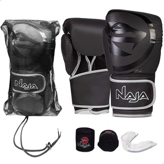 Kit Completo Luva de Boxe Naja Black / Luva de Muay Thai Naja + Bandagem + Protetor Bucal + Bolsa - Para Boxe / Muay Thai
