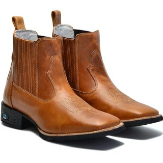 Bota Botina Country Texana Para Lida Trabalho Pecuaria Rodeio Agro Bico Quadrado Couro Bovino Sola Reforçada Costurada