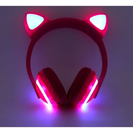 Fone Bluetooth de Gatinho Rosa Claro com Iluminação LED
