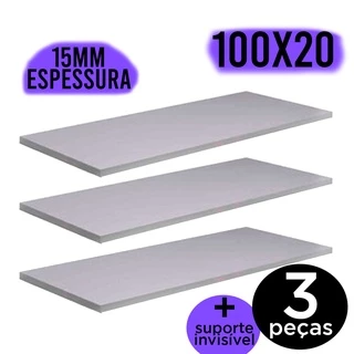 3 Prateleira Mdf Madeira Com Suporte Invisível Prateleira Lisa 15mm 100x20 Suporta 25kg Dicarlo