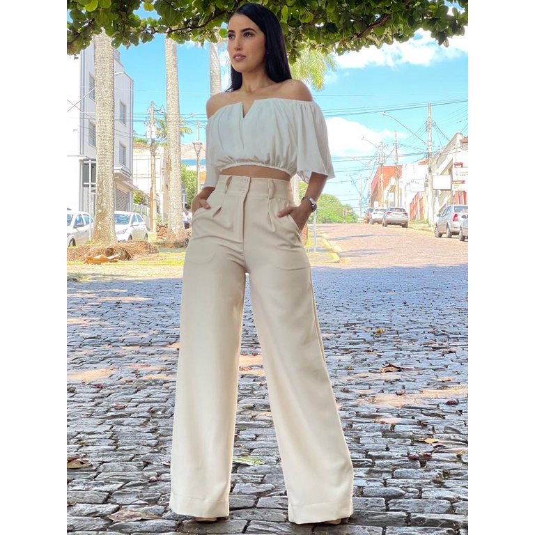 Calça Feminina Wide Leg Alfaiataria Pantalona Cintura Alta