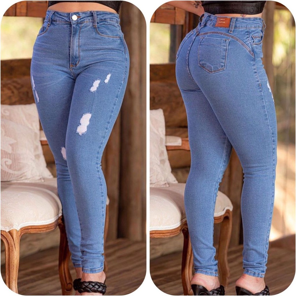 Calças Jeans Feminina com lycra (elastano) Cintura Alta com efeito levanta  bumbum