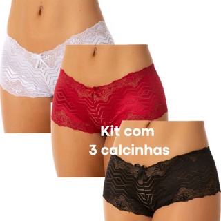 kit 3 Calcinhas Caleçon cores sortidas shortinho de renda calcinha confortável invisível