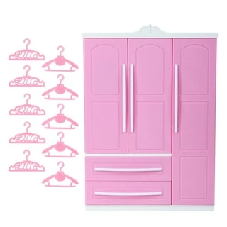 1 Conjunto Lindo Armário De Plástico Roupeiro Com Espelho + 10 Cabides Rosa Acessórios Para Barbie Doll Quarto Set Bebê Menina DIY Brinquedos