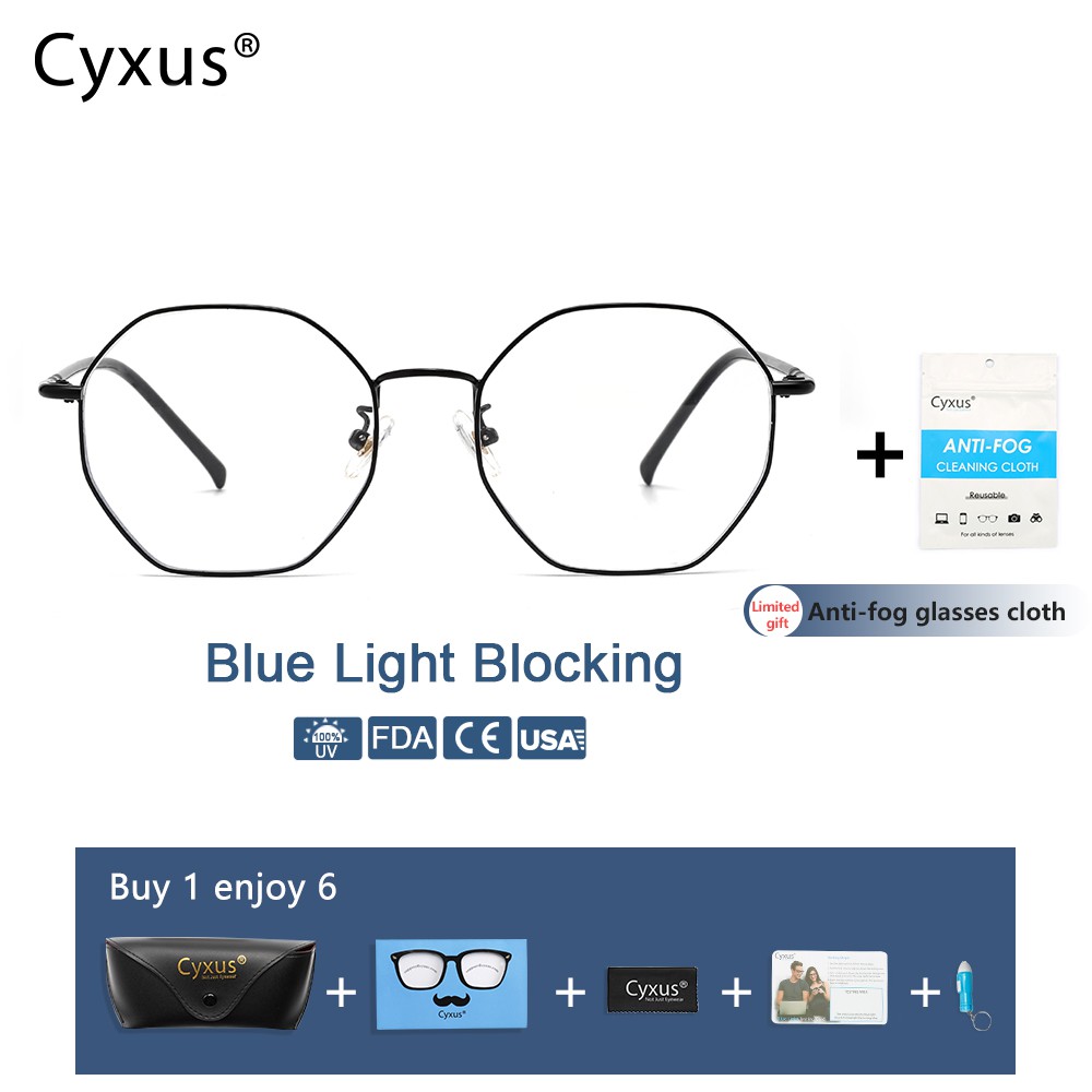 Cyxus Trendy Octagon Metal anti Blue Light Blocking Computer Glasses for Eyestrain UV Para Mulheres/- 8008