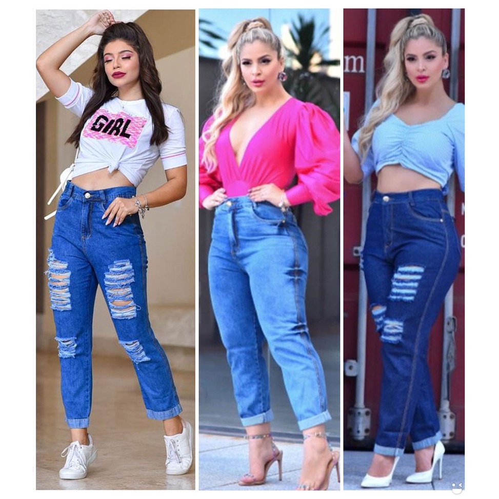 Calça Mom Jeans Feminina Destroyed Azul Claro Cintura Alta Blogueira