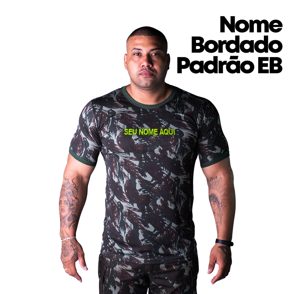 Camisa Camuflada Dry + Bordado Com Nome Padrão Exército Brasileiro Militar Masculina