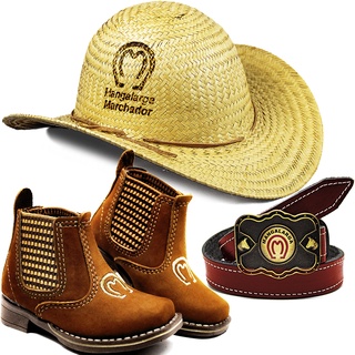 Kit Chapéu Palha + Bota Infantil Castor + Cinto Couro Country CV