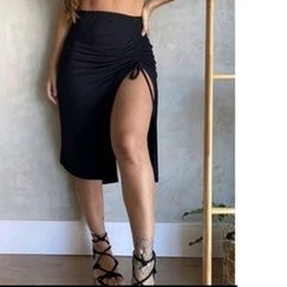 Saia Feminina Midi Cintura Alta Franzida com Fenda na Frente REF SAIA LARA