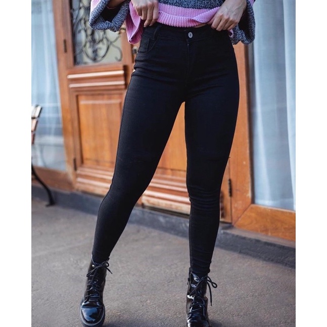 Calça Jeans Feminina Skinny Com Lycra Preta Com Rasgo No Joelho Levanta  Bumbum Cintura Alta - Altíssima Qualidade - COD: 001