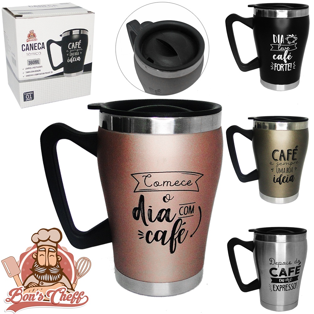 CANECA TERMICA DE INOX COM TAMPA DE PLASTICO COLORS FRASES CAFE 360ML ...