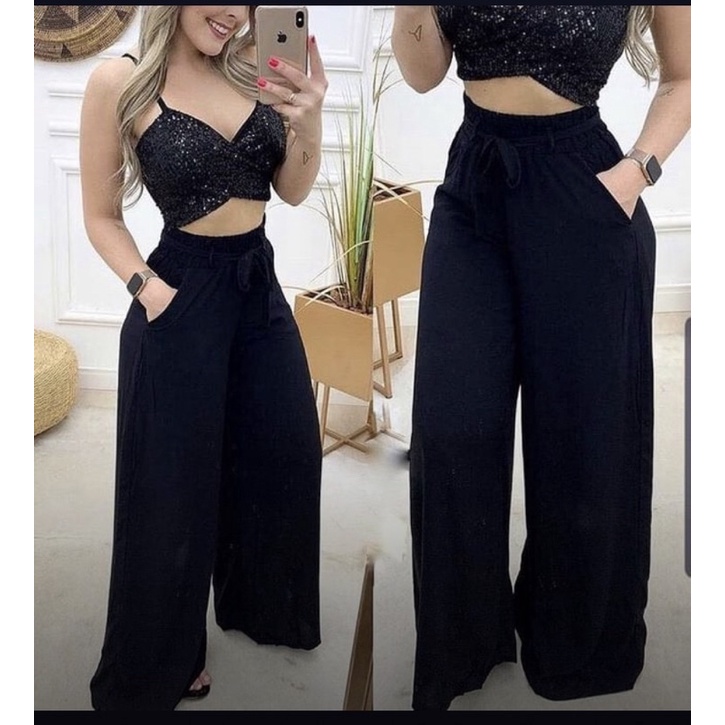 Calça Moletinho Pantalona Wide Leg Cintura Alta Feminina Roupa