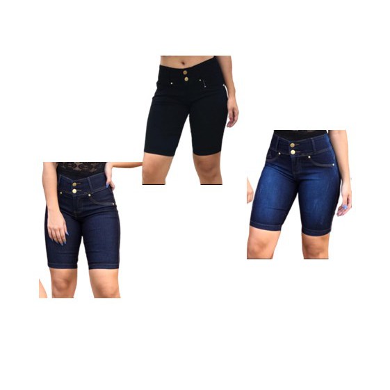 Kit 3 Shorts Bermuda Ciclista Jeans Feminino Ate O Joelho