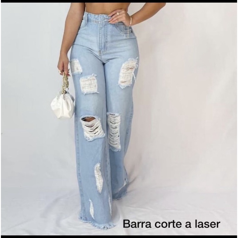 Calça Jeans Wide Leg Off White Destroyed Rasgada - Corre Que Ta