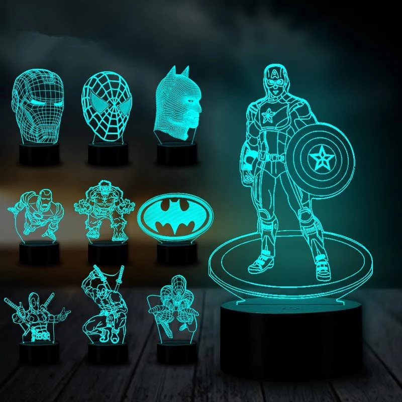 Superhero Homem De Ferro Aranha Batman 3D LED Night Light USB Remoto Mesa Cabeceira Lâmpada Presente Para Os Fãs Marvel