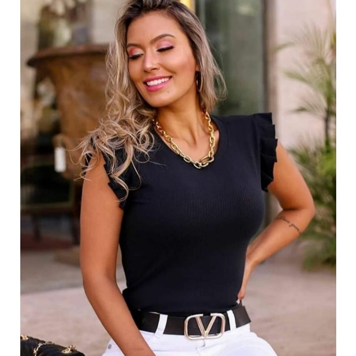 Blusa feminino manga cavada babado malha canelado menina