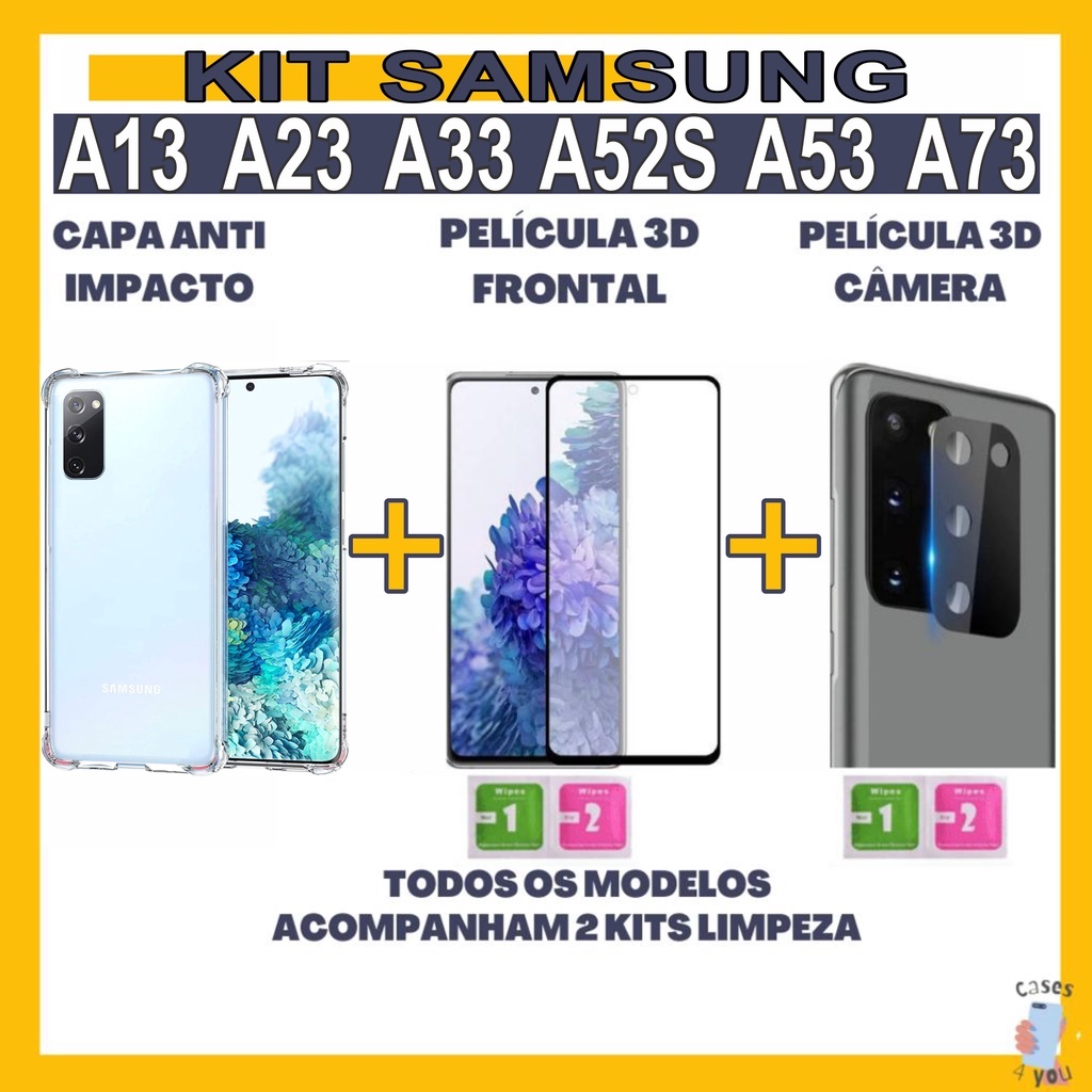 Kit Samsung Galaxy Capa Anti Impacto Película Frontal 3D Película Câmera 3D Protetora da Lente A13 A23 A33 A52S A53 A73