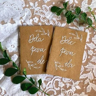 Caderno de Votos Bordado Casamento Personalizado Artesanal Kraft/Branco Dela para Ele/Dele Para Ela