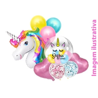 Kit Buquê balão Unicórnio com Bubble, Cabeção do Unicórnio Coração para decoração de sua festa ( enviar o nome e a idade após a compra no chat )