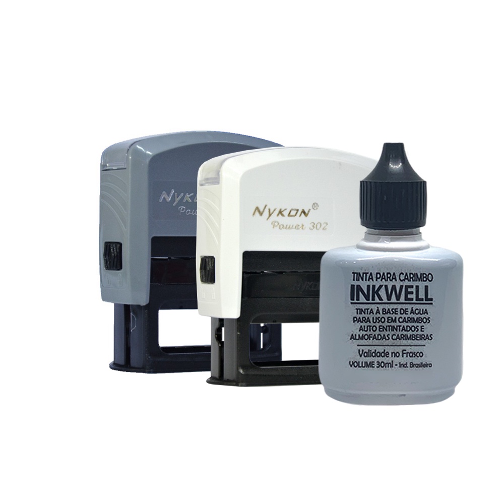 KIT 2 CARIMBOS PERSONALIZADOS NYKON 302 BLACK + TINTA INKWELL PRETA ...