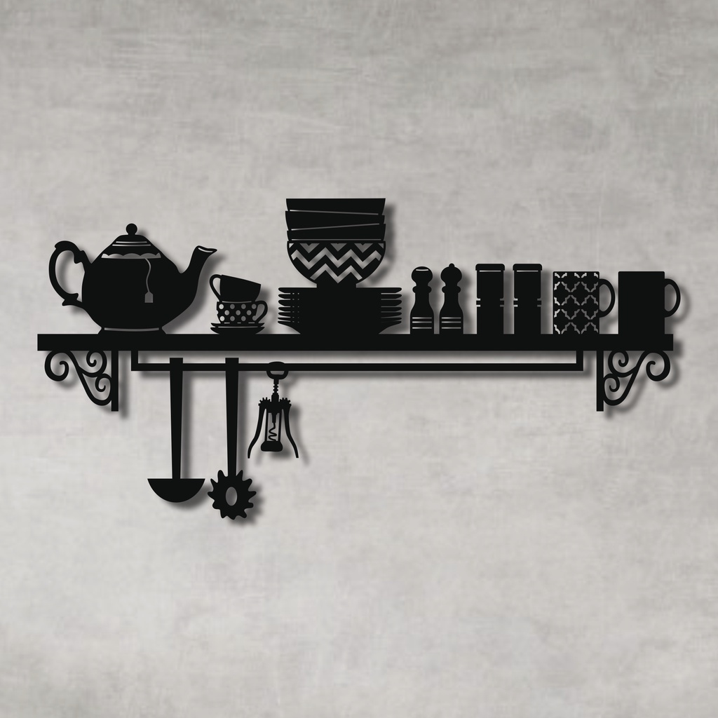 Quadro Decorativo Vazado Utensílios Cozinha MDF Escultura de Parede MDF Preto