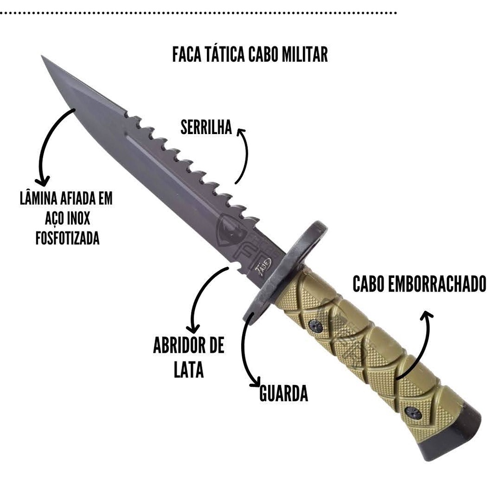 Faca Tatica Bowie Sobrevivencia Bushcraft Militar Preta Com Bainha Rigida Aço Inox Fosfatizado