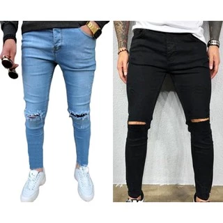 Calca Jeans Masculina Destroyed Rasgada Skinny Com Laycra Elastano Duas Cores Pronta Entrega.