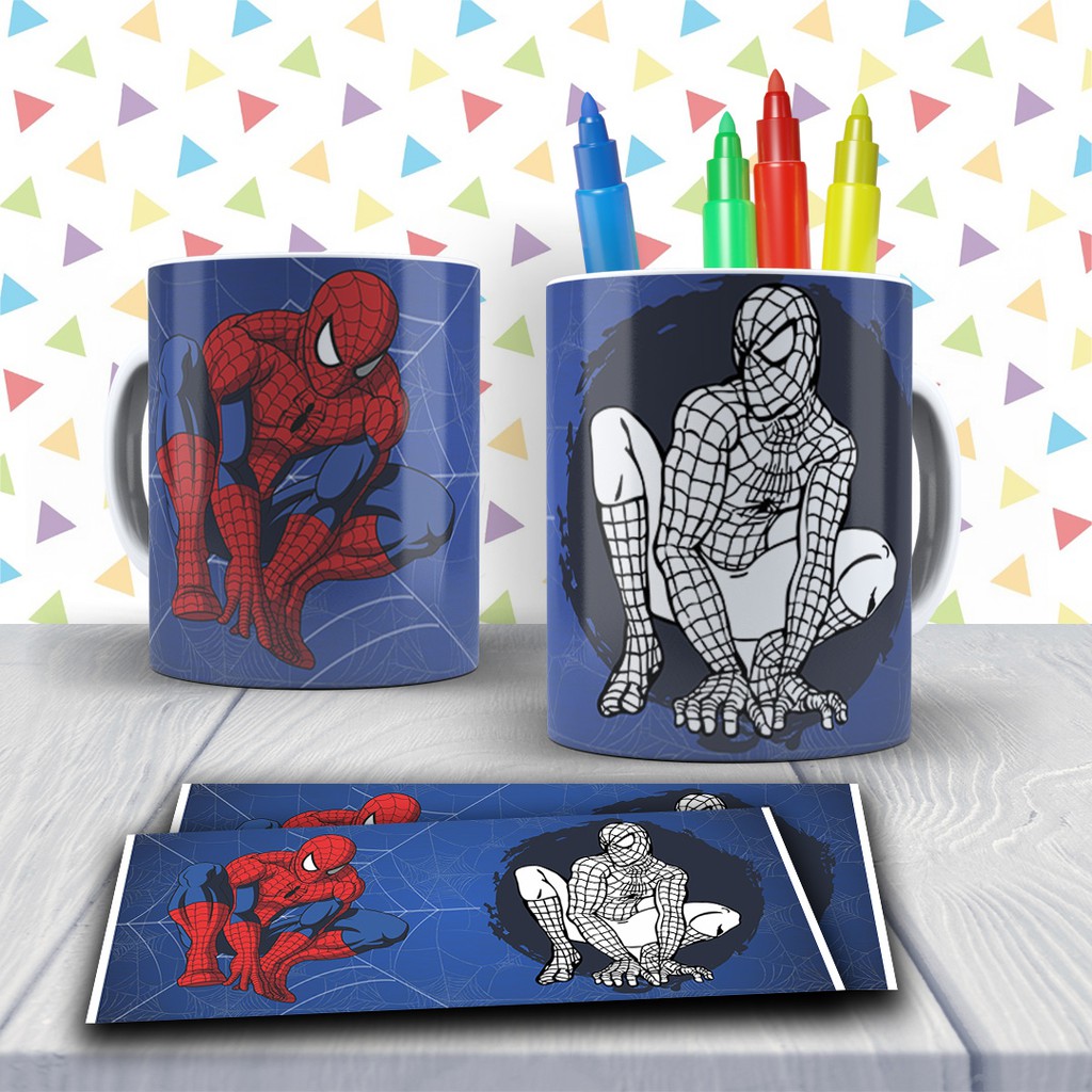 Caneca Personalizada Homem Aranha Para Colorir + Canetinhas