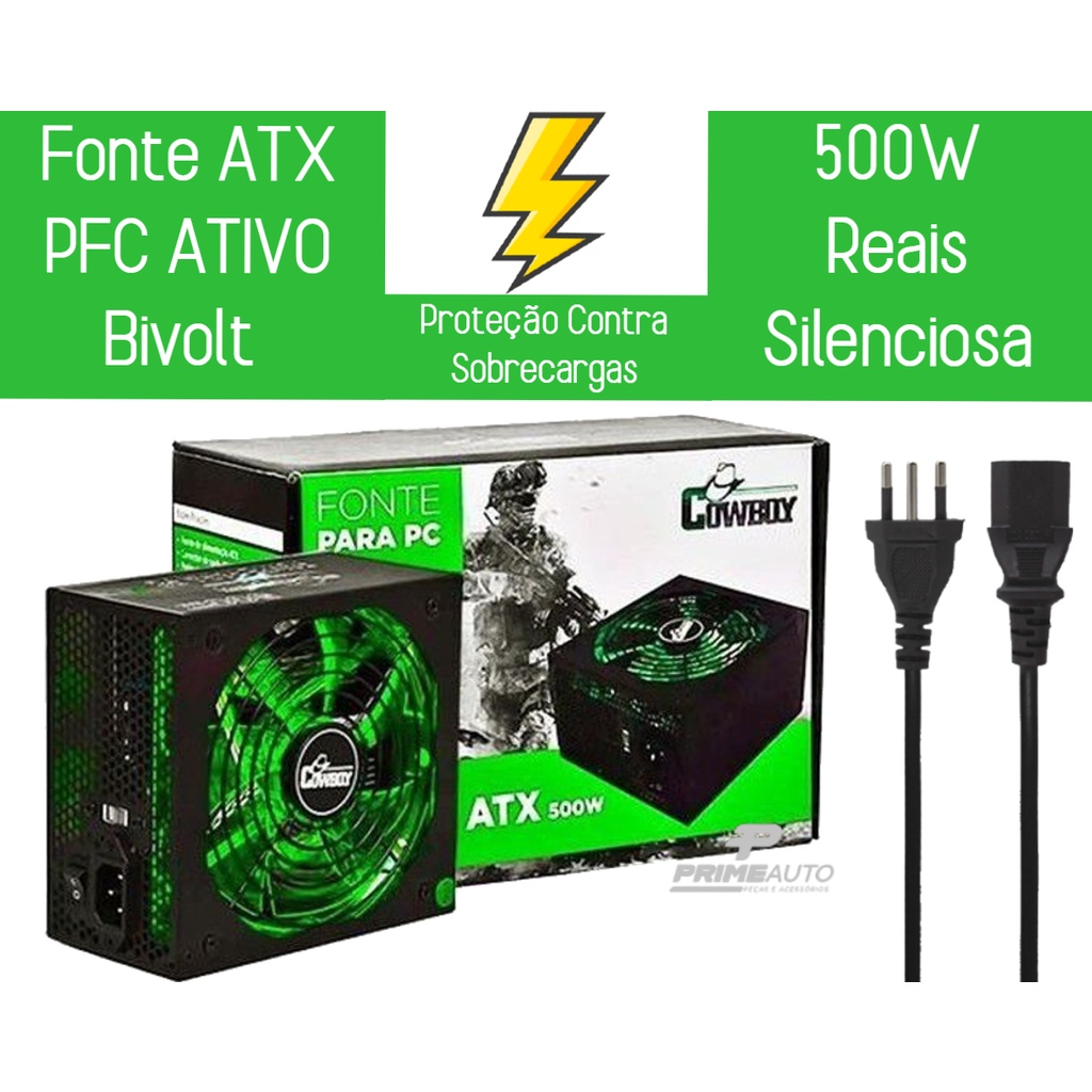 Fonte Alimentação PC Atx 500w Reais Silenciosa Bivolt PFC 24 Pinos ...