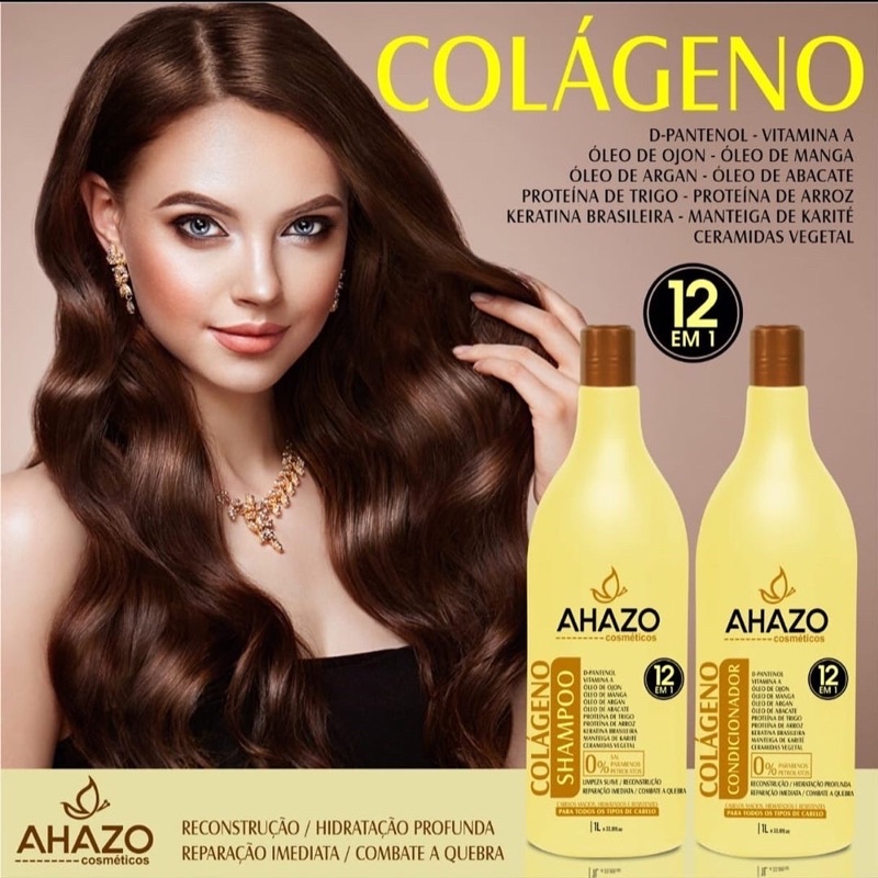 Kit colágeno 12 em 1 da AHAZO. Tratamento com shampoo, condicionador e máscara de hidratação.