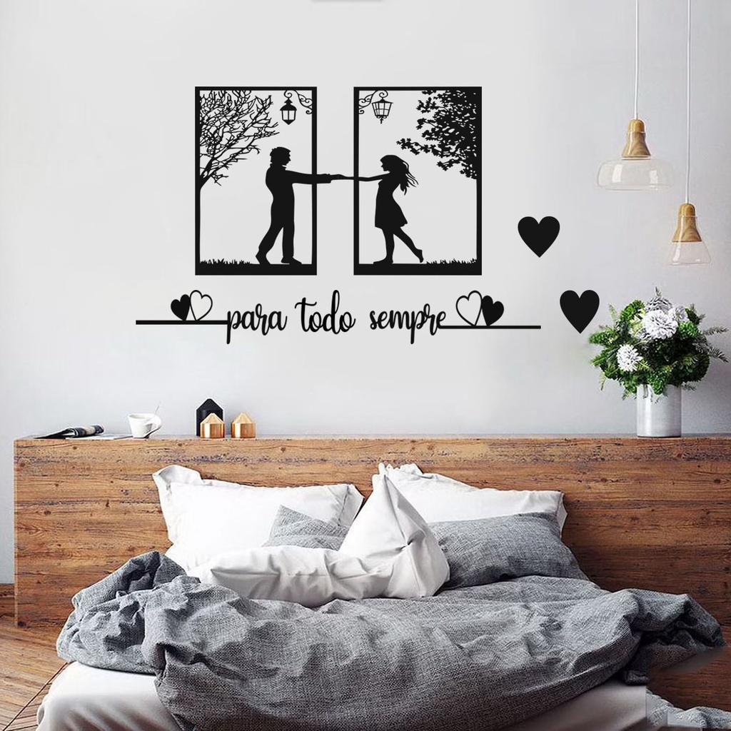 Quadro Casal Cabeceira + Frase Para Todo Sempre Dois Corações Decorativo para Quarto Cama Cabeceira MDF