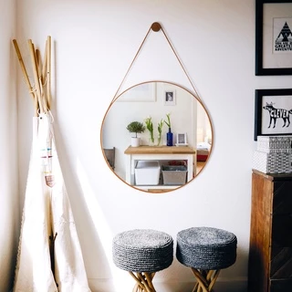 Espelho Decorativo Redondo Grande 60cm Adnet Suspenso C/ Alça em Couro Ecológico Banheiro + Suporte de Parede Grátis