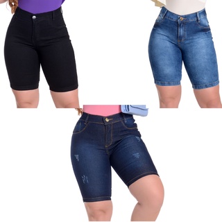 Kit Com 3 Bermudas Femininas Jeans Cintura Alta Até o Joelho Lycra
