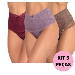 KIT com 3 Calcinha Cinta modeladora cós alto Com Renda forro 100% algodão aperta barriga