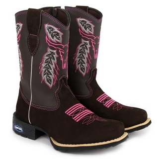 Bota Infantil Feminina Texana Country Com Ziper Forma Bico Quadrado Bordado Boi Rosa Botina Menina Montaria Passeio