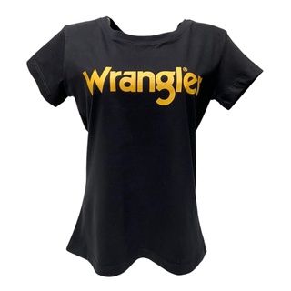 Camiseta Country Feminina Wrangler Original Preta Gola Redonda Com Tecido Leve Estampada Para Dia a Dia