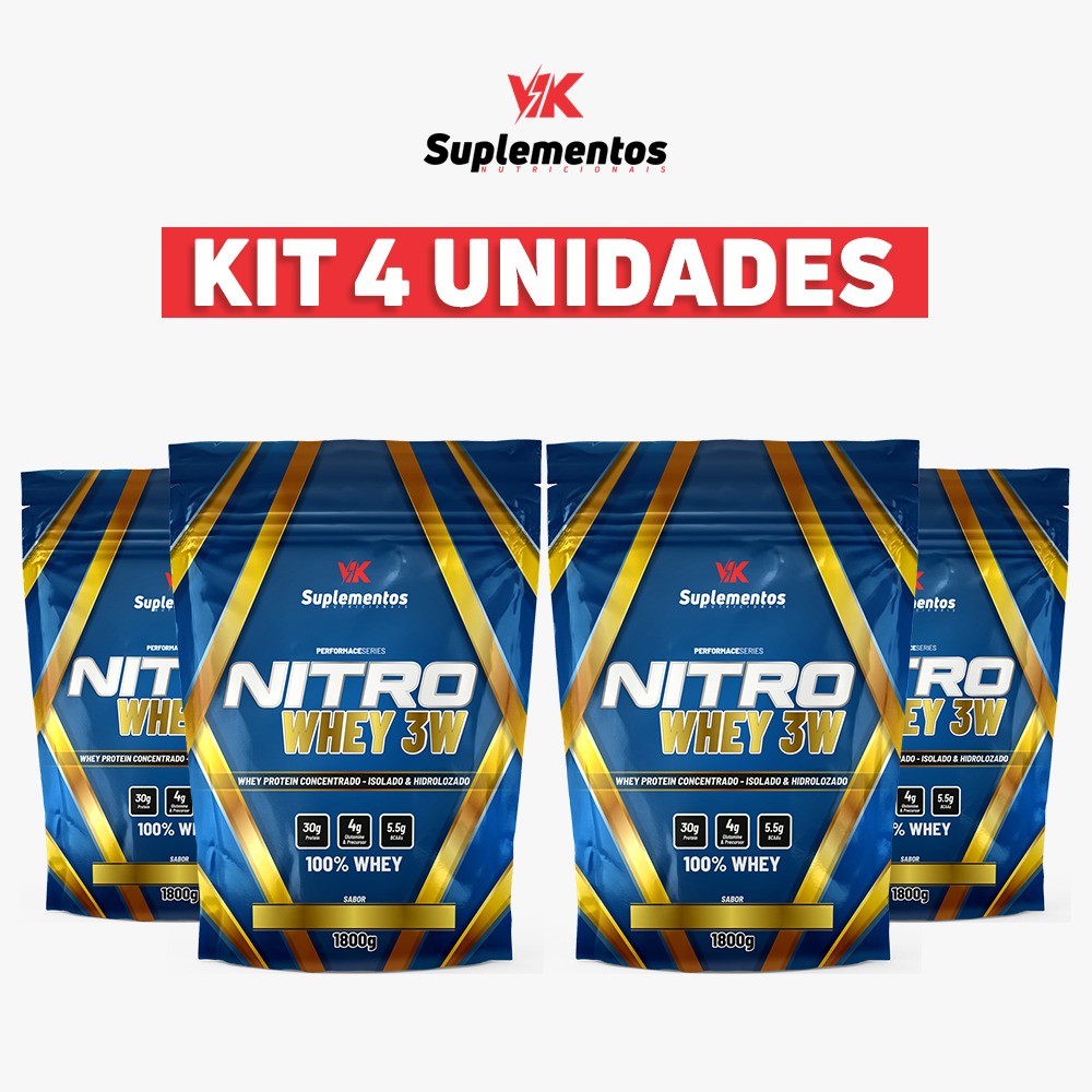 4x Whey Protein 1.8Kg – 3W – VK Suplementos Isolado / Hidrolisado / Concentrado (TOTAL DE 7.2KG)