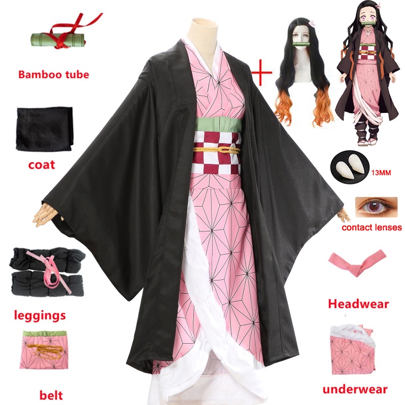 Anime Demon Slayer Kimetsu No Yaiba Kamado Nezuko Cosplay Fantasia Kimono Uniforme Com Boca Dente Roupa De Halloween