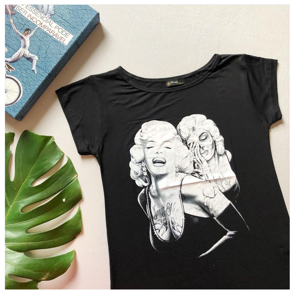 Blusa Blusinha Camiseta Feminina T-shirt Estampada Marilyn Monroe Caveira Preta