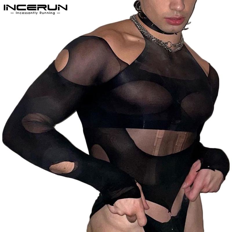 INCERUN Men's Sexy Transparente Manga Longa Oca Slim-Fit Preto Conjunto De 2 Peças