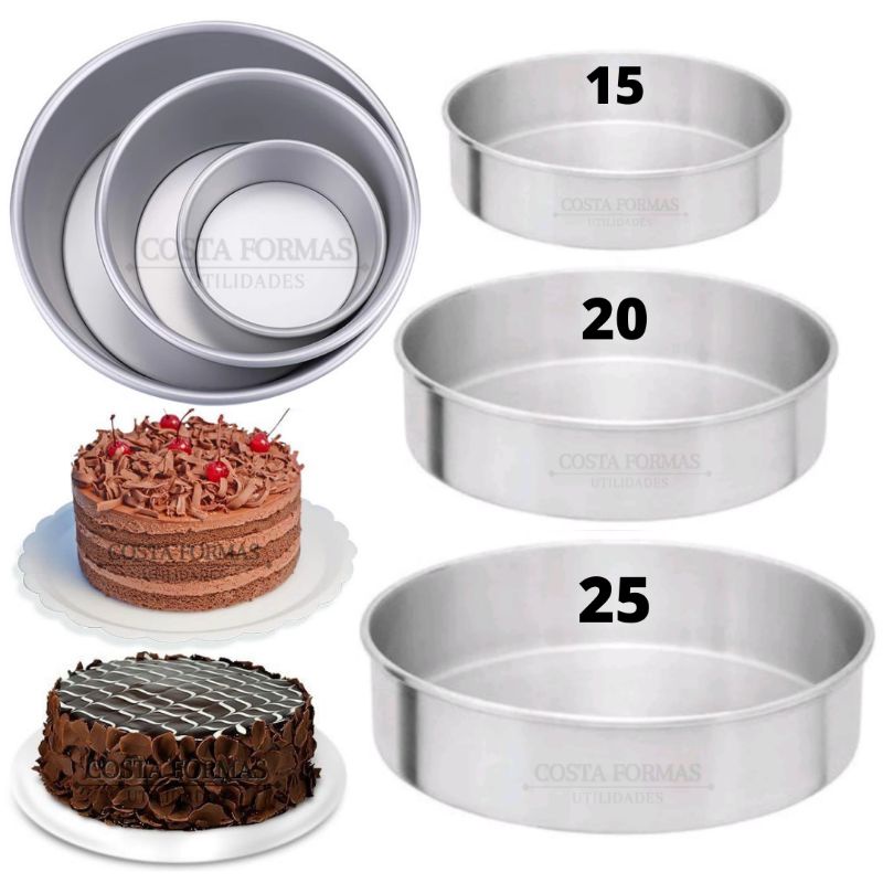 Kit Formas Para Bolos Tortas Redondas Alta 15x5 20x5 25x5 3 Peças Alumínio Resistente FUNDO FIXO