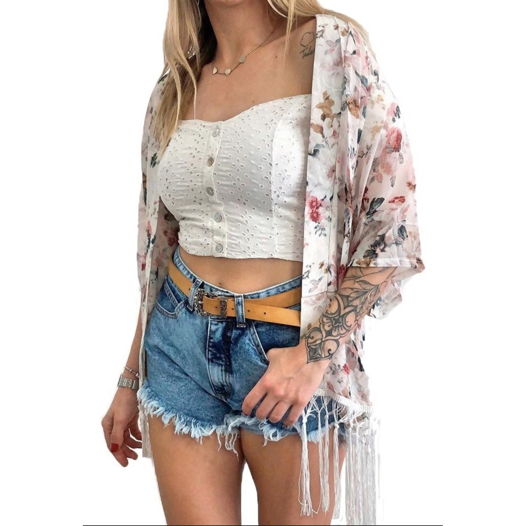 Kimono Cardigan Mulheres Longo Verão Chiffon Floral Impressão